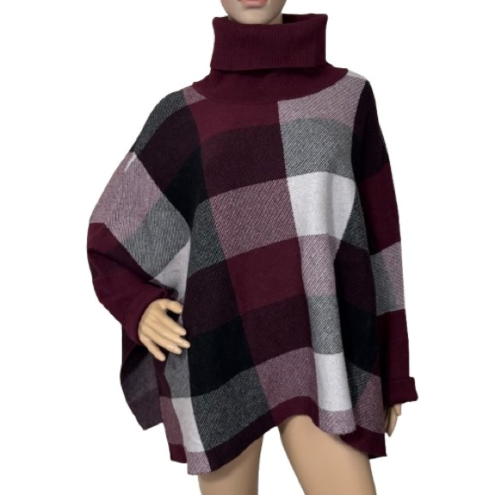 Zenana Cozy Burgundy Black Dolman Sleeve Plaid Poncho Sweater Size 2X